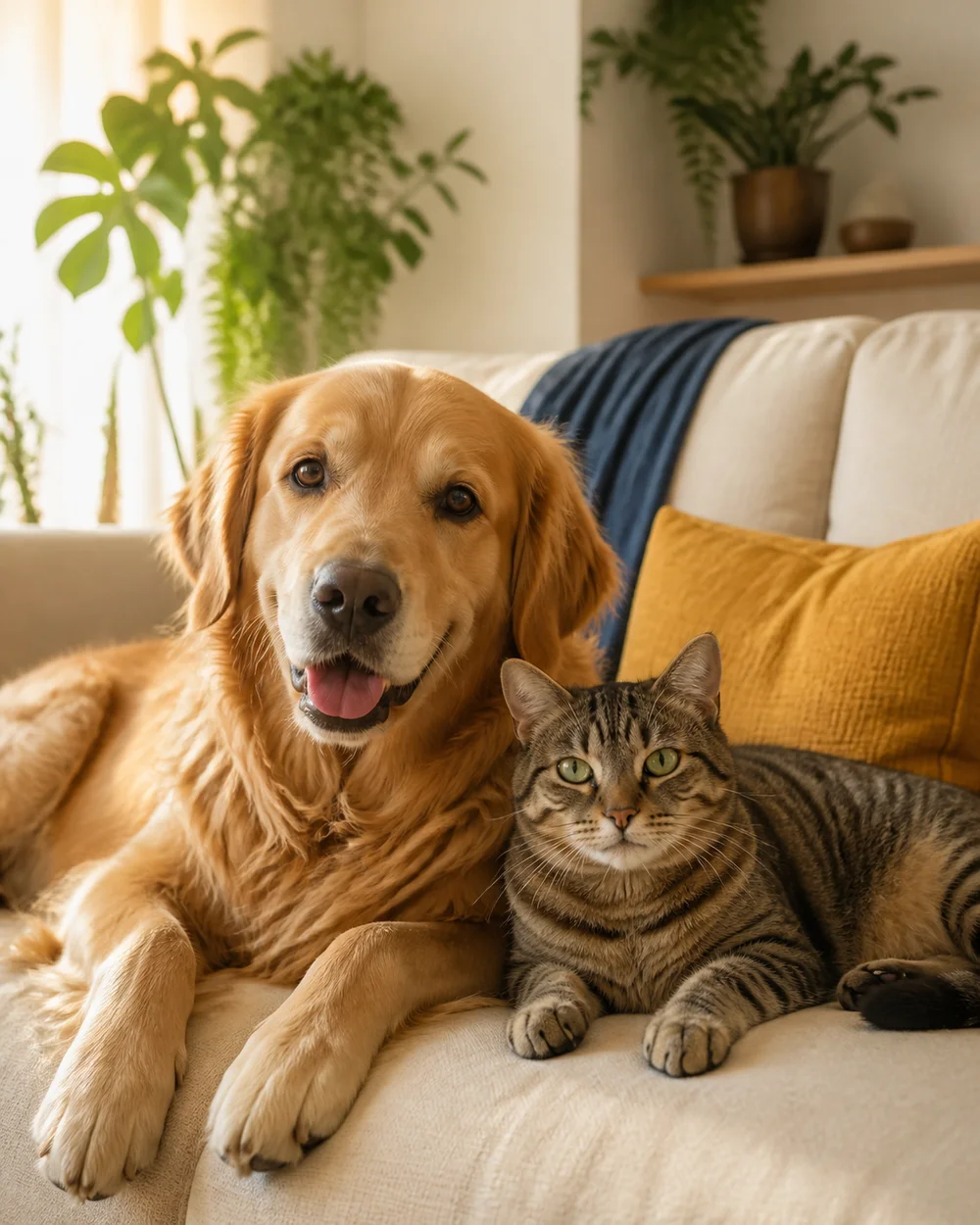 Cão golden retriever e gato descansando juntos no sofá de casa